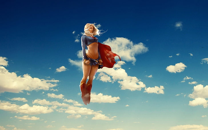 DC Supergirl digital wallpaper, sky, clouds, anime, flying, blonde
