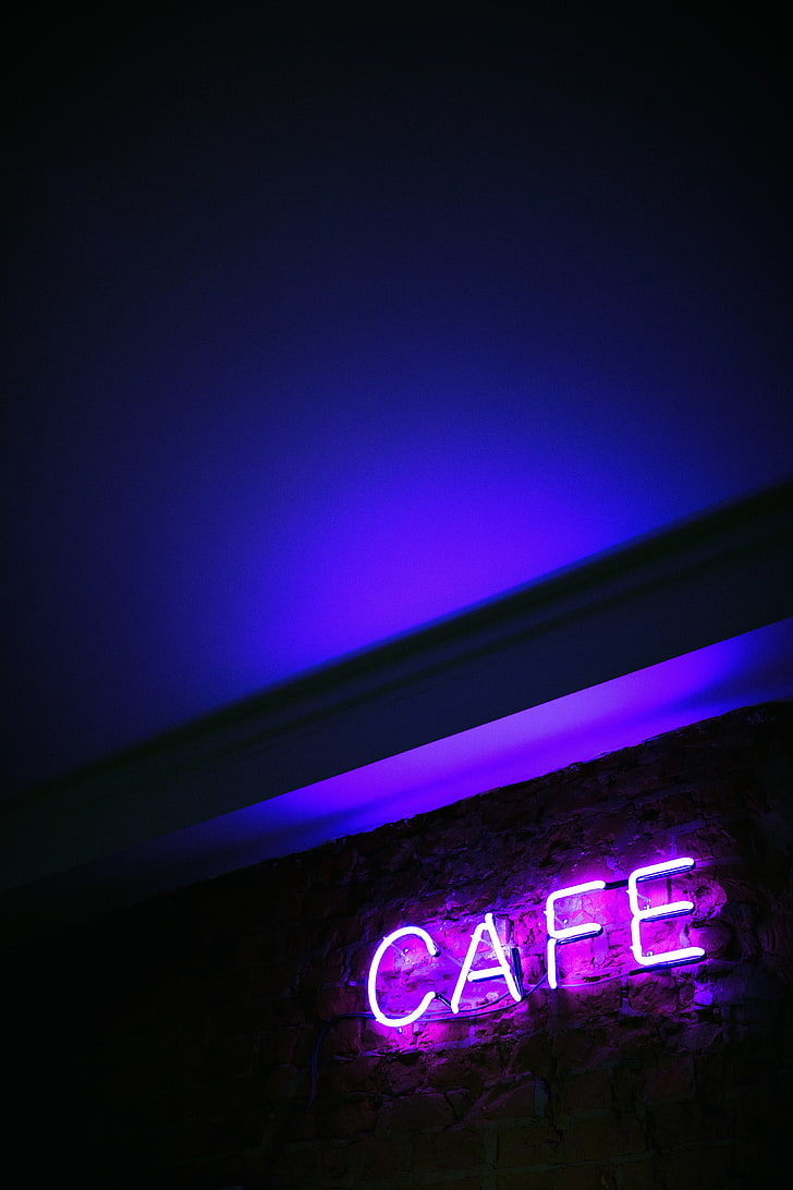 Cafe neon sign, inscription, letters, illumination, western script