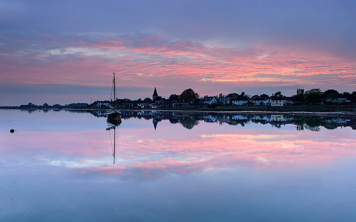 UK, England, town, evening, sunset, houses, lake, boat, water, HD wallpaper