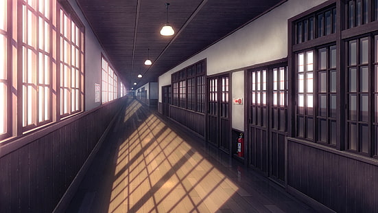 HD wallpaper: corridor illustration, hallway, window, school, door, anime,  architecture | Wallpaper Flare