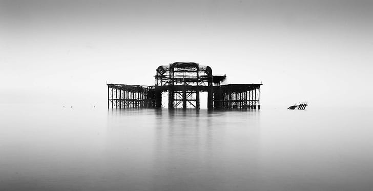 gray scale photo of port along body of water, Explore, west  pier  brighton, HD wallpaper
