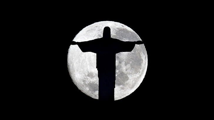 statue, Christianity, Brasil, town, moonlight, city, silhouette