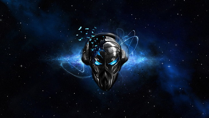 black Skull with headphones logo, music, space, mask, shattered