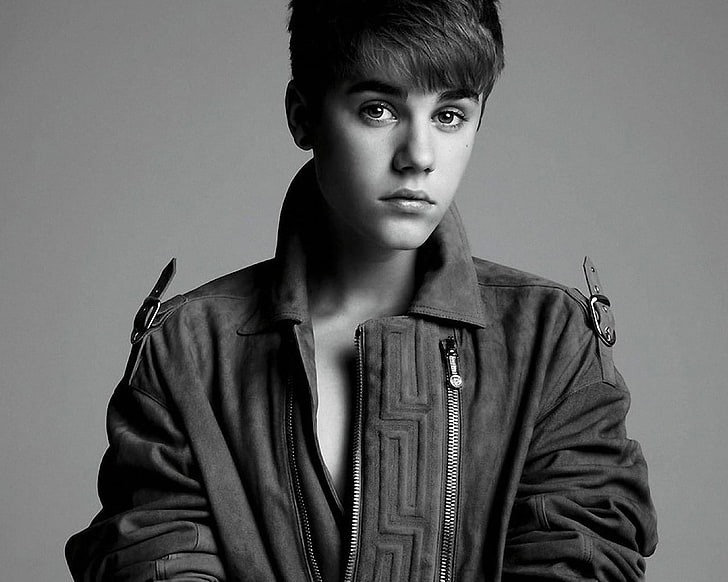 Justin Bieber, dark-haired, male, singer, black and white jacket, HD wallpaper