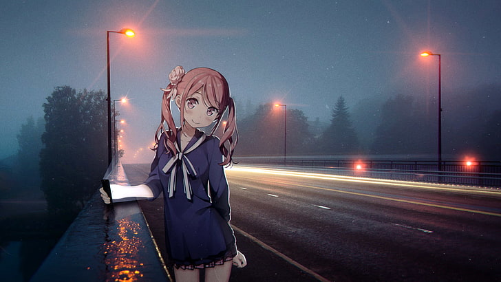 Kantoku, school uniform, road, night, street light, anime girls