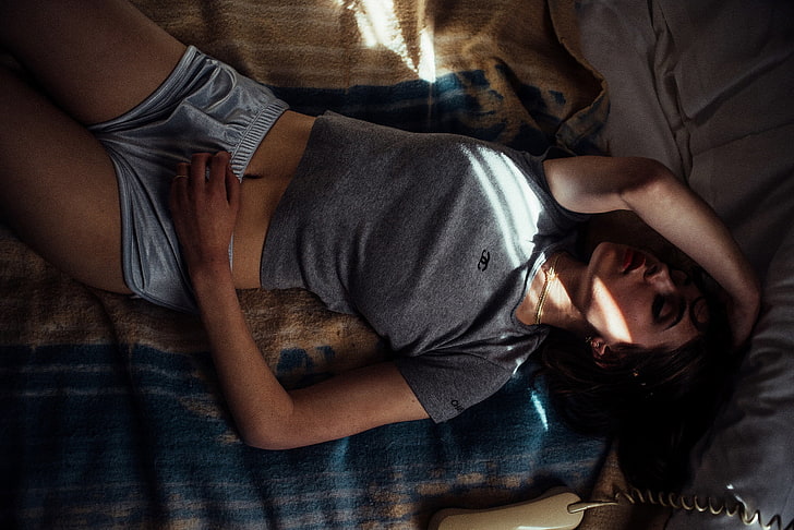 untitled, in bed, lying down, lying on back, women, shorts, belly, HD wallpaper