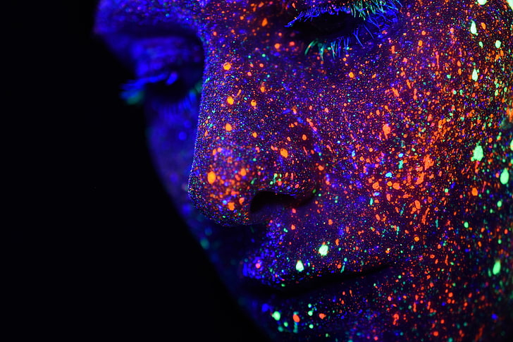 person's face, h heyerlein, face paint, neon glow, colorful, studio shot, HD wallpaper