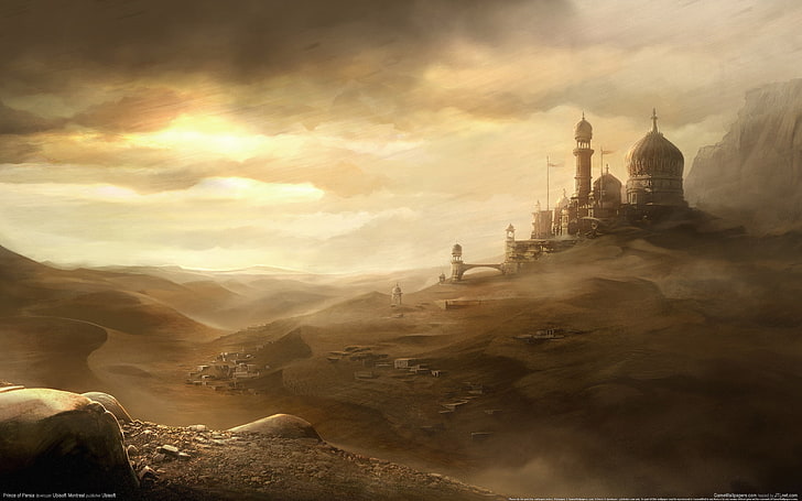 mosque game wallpaper, sand, the sky, the city, the wind, desert, HD wallpaper