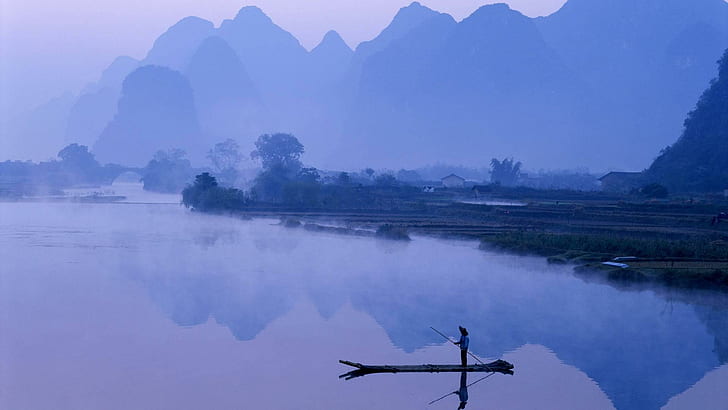 Li River At Dawn In Yangshou China, mist, boat, mountains, nature and landscapes