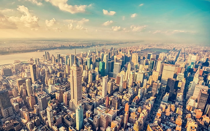 city buildings, New York City, cityscape, sky, clouds, USA, building exterior