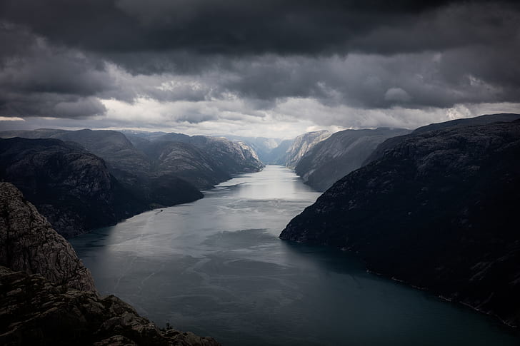 norway lysefjord, river, moutains, dark clouds, Landscape