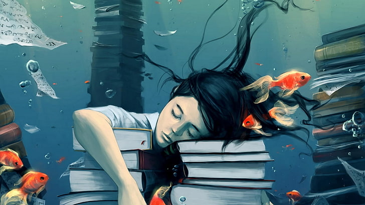 girl sleeping underwater on pile of books vector art, fish, dreams, HD wallpaper