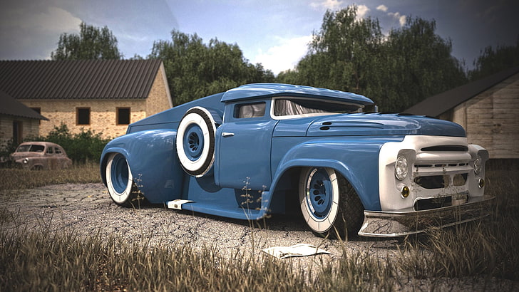 classic blue and white Ford truck, Tuning, Render, ZIL, 130, car, HD wallpaper