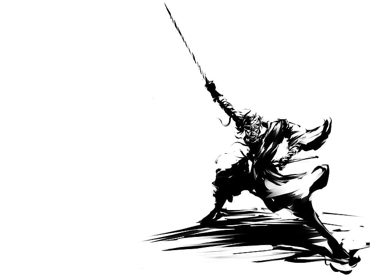 black swordsman sketch, monochrome, white background, studio shot