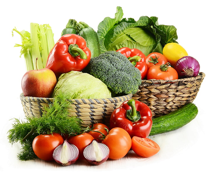 assorted vegetables, basket, tomato, food, freshness, cucumber
