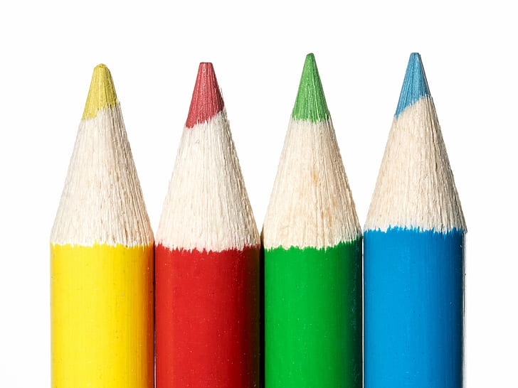 yellow, red, green and blue color pencils, Colouring, 60mm, Macro, HD wallpaper
