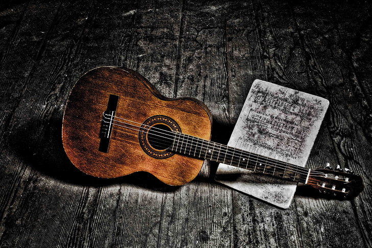 brown acoustic guitar, notes, music, wood - Material, musical Instrument, HD wallpaper