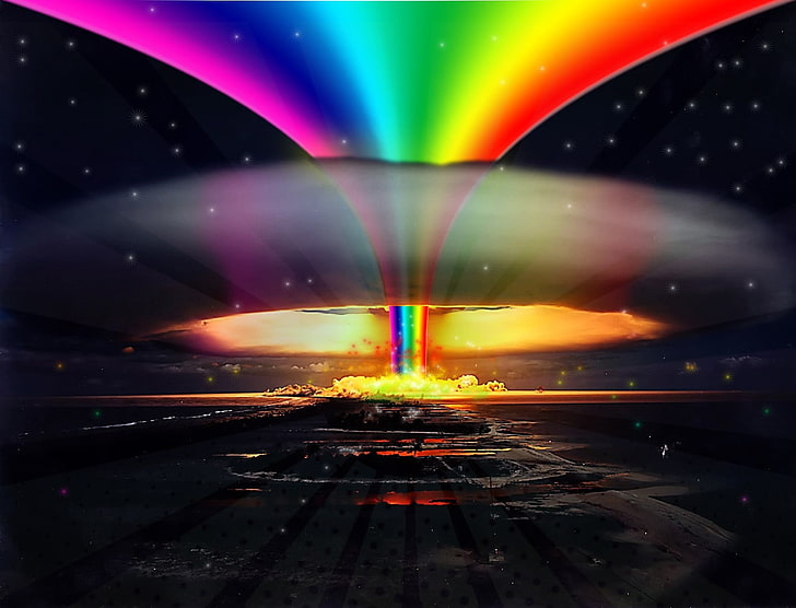 rainbow explosion digital art, nuclear, rainbows, colorful, abstract, HD wallpaper