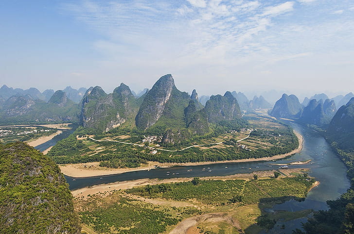 Guilin, river, hills, valley, HD wallpaper