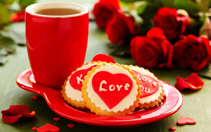 Love heart, cookies, flowers, roses, cup, tea, HD wallpaper