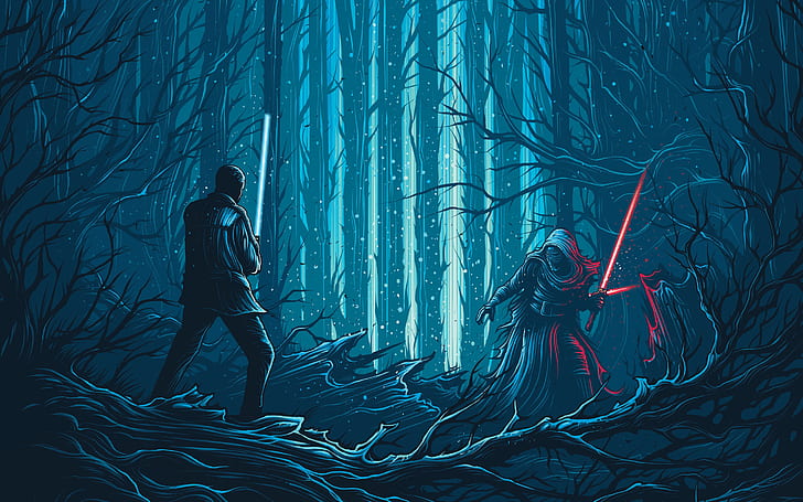 forest, fiction, vector, art, swords, fight, Finn, Star Wars: The Force Awakens, HD wallpaper
