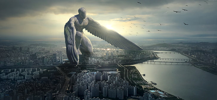 6K, city, Giant Angel, HD wallpaper