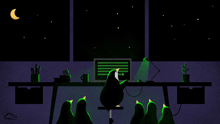 penguins near black desk illustration, digitalocean, night, computer HD wallpaper