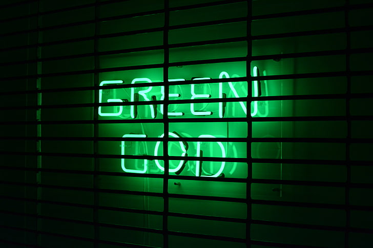 green green God neon signage, inscription, lattice, wall, technology