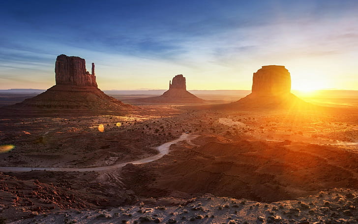 Monument Valley, landscape, desert, sunlight, rock formation