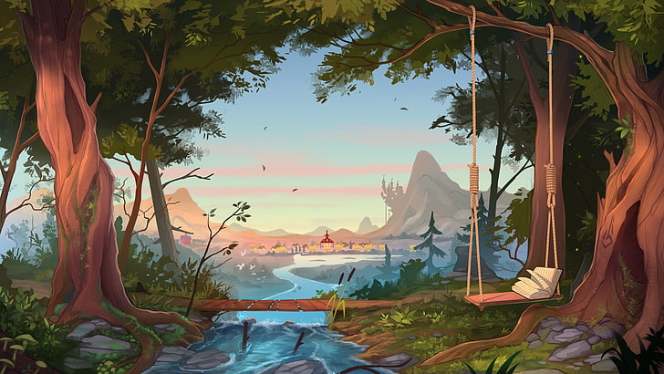 brown swing on tree illustration, artwork, trees, landscape, river