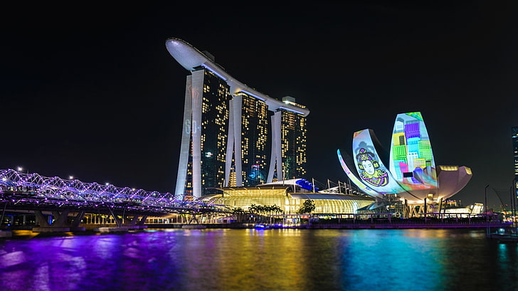Buildings, Marina Bay Sands, Night, Singapore, HD wallpaper