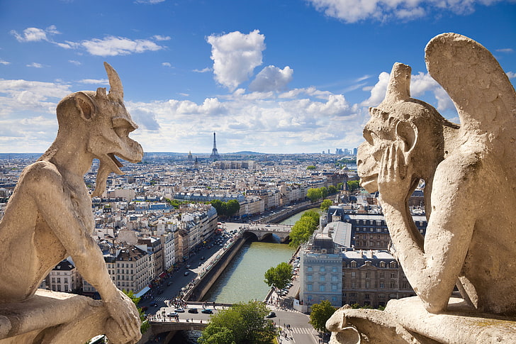 two monsters concrete statues, the city, Gothic, view, scene, HD wallpaper