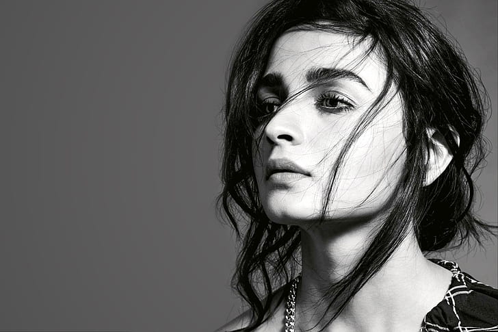 Actresses, Alia Bhatt, Black and White, British, Face, HD wallpaper