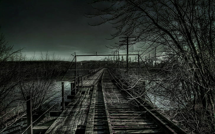 railway, fence, power lines, dark