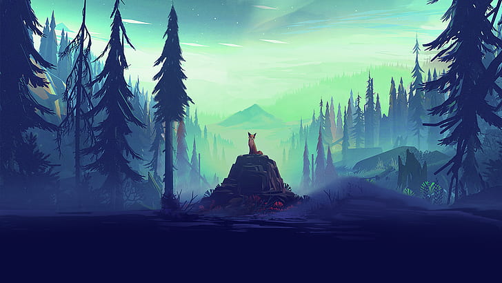 Mikael Gustafsson, artwork, horizon, fox, pine trees, forest