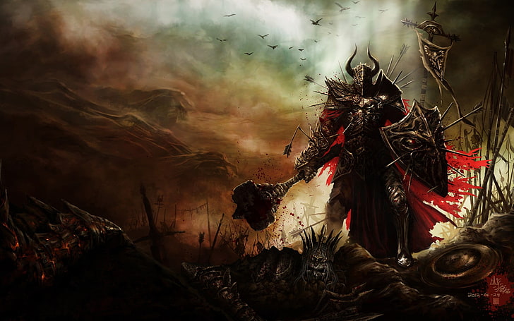warrior holding shield and axe wallpaper, Diablo III, nature