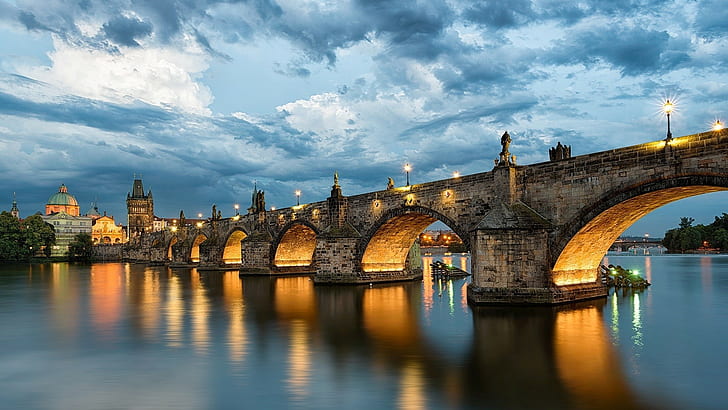Charles Bridge, tower, cathedral, building, cityscape, clouds
