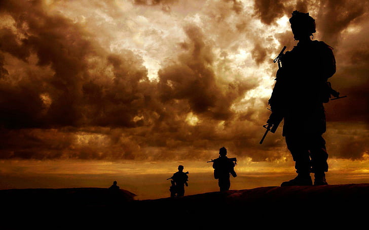 Soldier silhouettes, silhouette of army during sunset, photography, HD wallpaper