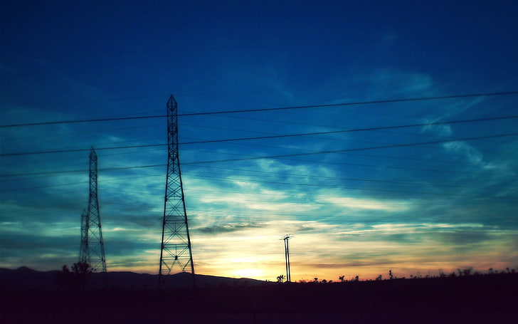 power lines, utility pole, digital art, sky, sunlight, clouds, HD wallpaper
