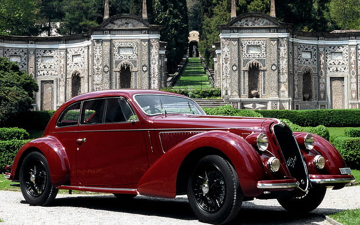 Alfa Romeo 6c, red and black vintage coupe, cars, 1920x1200