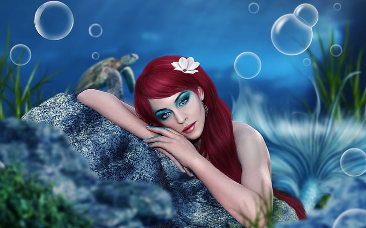 Art fantasy girl, mermaid, makeup, red hair, underwater, HD wallpaper