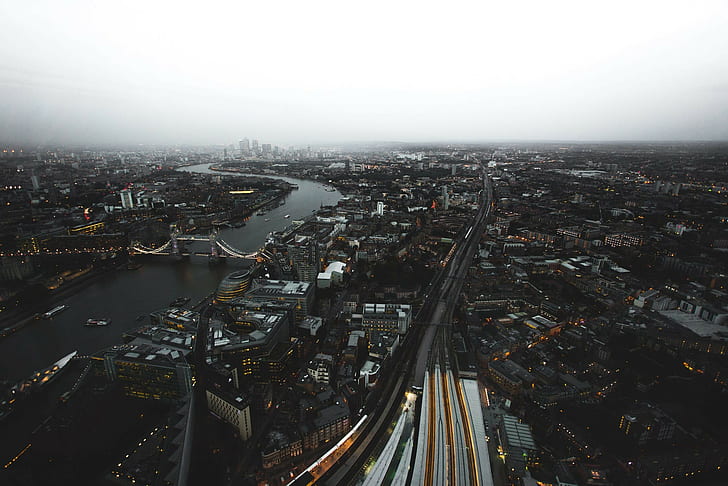 London, river, cityscape, skyscraper, bridge, Tower Bridge, HD wallpaper