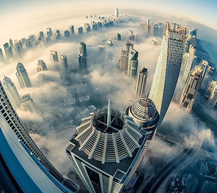 aerial photo of high-rise buildings, Dubai, clouds, city, sea