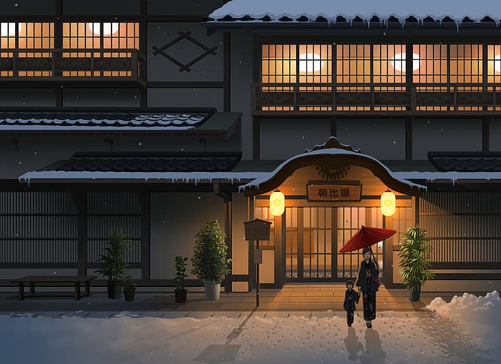 HD wallpaper: anime landscape, hotel, winter | Wallpaper Flare