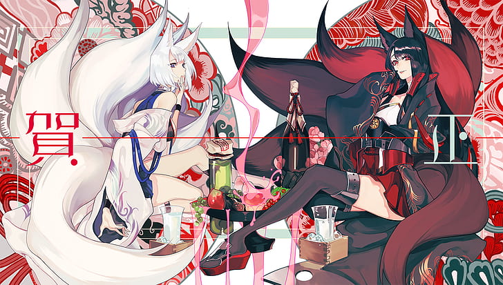 anime girls, fox girl, Akagi (Azur Lane), Kaga (Azur Lane), HD wallpaper
