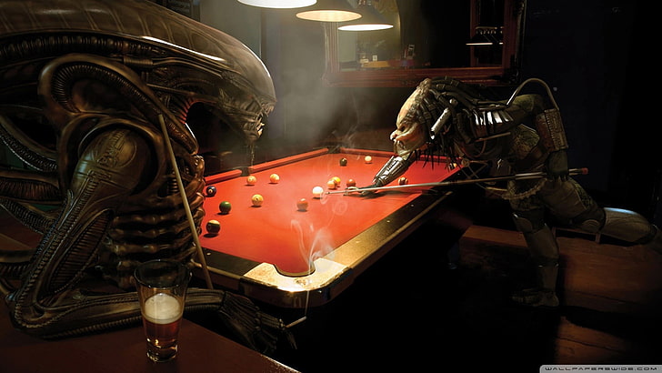 Alien wallpaper, aliens, 3D, Predator (movie), pool table, Alien vs. Predator