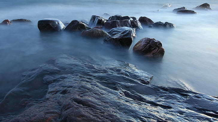 fogged gray rock cliffs photo, Primordial sea, nature, landscape
