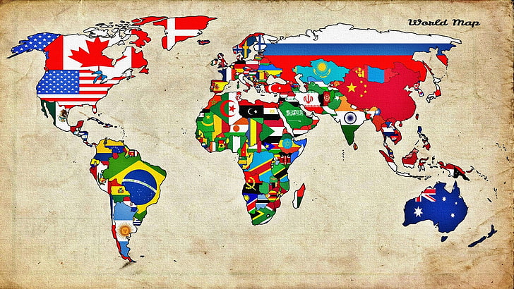 world map illustration, countries, flag, multi colored, art and craft, HD wallpaper