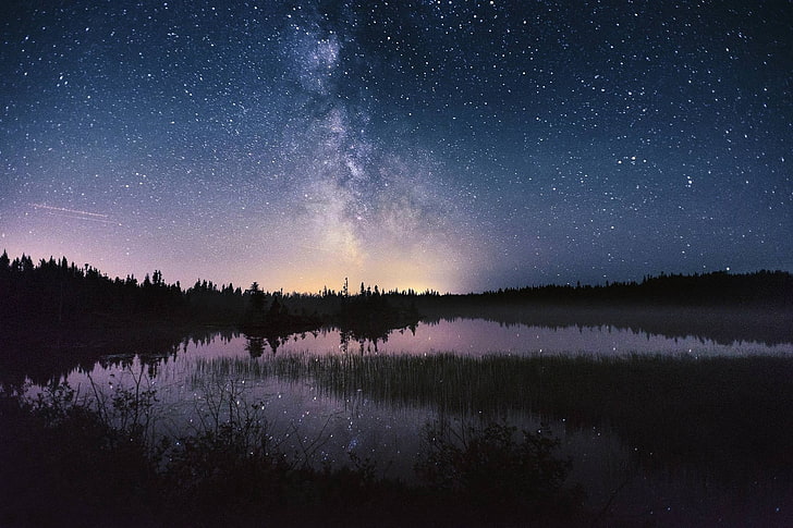 starry night, nature, landscape, photography, Milky Way, lake, HD wallpaper