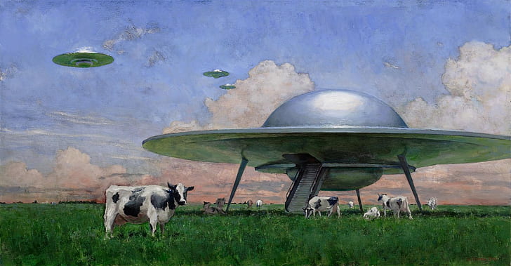 fantasy art, nature, artwork, aliens, UFO, cow, animals, grass